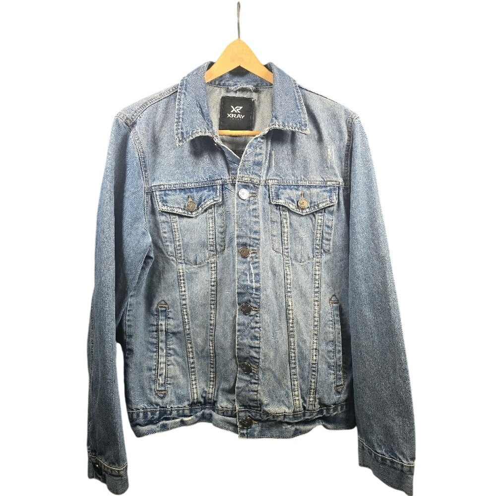 XRAY Mens Denim Trucker Jacket American Flag Graphic Back ‎ Blue Distressed